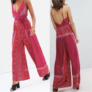 Free People Cabbage Rose Bandana Print Satin Wide Leg Jumpsuit